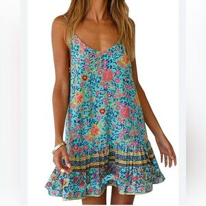 Queral Boho Floral Women’s Dress Turquoise, Pink Yellow Sundress Medium
